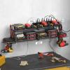 imageCCCEI Garage Tools Storage with Charging Station Power Tool Battery Organizer Utility Shelf with Power Strip 4 Drills Holder Wall Mount Rack BlackLarge