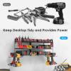 imageCCCEI Garage Tools Storage with Charging Station Power Tool Battery Organizer Utility Shelf with Power Strip 4 Drills Holder Wall Mount Rack BlackLarge
