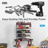 imageCCCEI Garage Tools Storage with Charging Station Power Tool Battery Organizer Utility Shelf with Power Strip 4 Drills Holder Wall Mount Rack BlackSmall