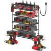 imageCCCEI Garage Tools Storage with Charging Station Power Tool Battery Organizer Utility Shelf with Power Strip 4 Drills Holder Wall Mount Rack BlackSmall
