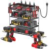 imageCCCEI Garage Tools Storage with Charging Station Power Tool Battery Organizer Utility Shelf with Power Strip 4 Drills Holder Wall Mount Rack BlackSmall