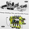 imageCCCEI Modular Power Tool Organizer Wall Mount Charging Station Black 6 Drills Holder with 8 Plug Power Strip Garage Drill Battery Heavy Duty Metal Shelf Utility Rack with Hooks Side StorageGreen