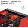 imageCCCEI Modular Power Tool Organizer Wall Mount Charging Station Black 6 Drills Holder with 8 Plug Power Strip Garage Drill Battery Heavy Duty Metal Shelf Utility Rack with Hooks Side StorageRed
