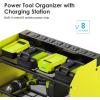 imageCCCEI Modular Power Tool Organizer Wall Mount Charging Station Black 6 Drills Holder with 8 Plug Power Strip Garage Drill Battery Heavy Duty Metal Shelf Utility Rack with Hooks Side StorageGreen