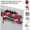imageCCCEI Modular Power Tool Organizer Wall Mount Charging Station Black 6 Drills Holder with 8 Plug Power Strip Garage Drill Battery Heavy Duty Metal Shelf Utility Rack with Hooks Side StorageRed
