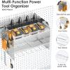 imageCCCEI Modular Power Tool Organizer Wall Mount with Charging Station Garage 4 Drill Storage Shelf with Hooks Screwdriver Drill Bit Heavy Duty Rack Tool Battery Holder Built in 8 Outlet Power StripISilver