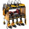 imageCCCEI Modular Power Tool Organizer Wall Mount with Charging Station Garage 4 Drill Storage Shelf with Hooks Screwdriver Drill Bit Heavy Duty Rack Tool Battery Holder Built in 8 Outlet Power StripBYellow
