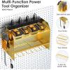 imageCCCEI Modular Power Tool Organizer Wall Mount with Charging Station Garage 4 Drill Storage Shelf with Hooks Screwdriver Drill Bit Heavy Duty Rack Tool Battery Holder Built in 8 Outlet Power StripHGold