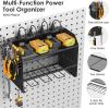 imageCCCEI Set Power Tool Organizer Wall Mount with Charging Station Garage 4 Drill Storage Shelf with Hooks Heavy Duty Metal Tool Battery Charger Organizer Shop Utility Rack with Power Strip Black
