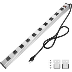 image10 Outlet Plugs Heavy Duty Metal Power Strip Aluminum Workshop Socket with 4FT Long Cord and Power Switch 15A 125V 1875WSilver