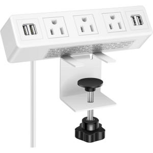 image3 AC Outlet Desk Clamp Power Strip White Desk Mount USB Charging Power Station Removable Desktop Edge Power Center Plugs Output 125V60HZ12A1500W USB 5V4A 10 FT CableWhite