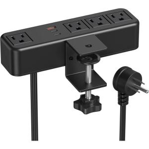 imageCCCEI 45W USB C Desk Side Clamp Power Strip Desk Top Tube Edge Clamp Mount Outlet with 4 Outlets Widely Spaced Surge Protector Outlet Station Fit 16 inch Tabletop Edge Table Leg 6 FT Power Cord