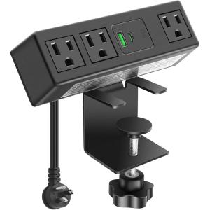 imageCCCEI 45W USBC Port 3 Outlets Clamp Power Strip Fast Charging Home Office Desktop Outlets Essentials Supplies Standing Desk Tabletop Edge Mount Power Outlet for Laptop Black 6FT