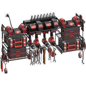 imageCCCEI Blue Power Tool Organizer Wall Mount Large Tools and Battery Storage Rack Charging Station Individual Switches Drills Holder Garage Utility Shelves with 6FT Power Strip Gift for MenBlack