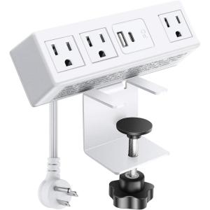 imageCCCEI Desk Clamp Power Strip with PD 30 Fast Charging USB C Port on Desktop Mount Widely Spaced Outlet 10 FT Flat Plug Fit 16 inch Tabletop Edge Thick 125V 12A 1500W BlackWhite