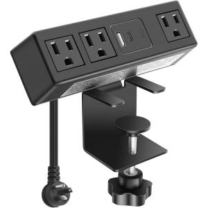 imageCCCEI Desk Clamp Power Strip with PD 30 Fast Charging USB C Port on Desktop Mount Widely Spaced Outlet 10 FT Flat Plug Fit 16 inch Tabletop Edge Thick 125V 12A 1500W BlackBlack