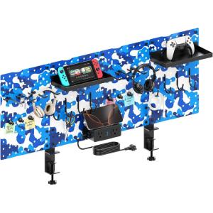 imageCCCEI Desk Organizer and Storage with Charging Station Navy Blue Clamp on Table Pegboard Gaming Standing Office Supplies Shelf Accessorie Metal Peg Board Privacy Panels Gifts for Men 10FTNavy Blue
