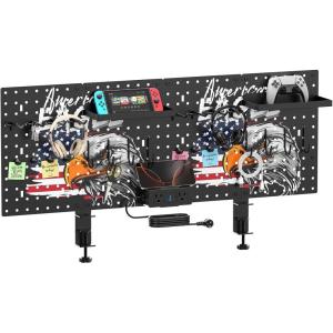imageCCCEI Desk Organizer and Storage with Charging Station Pegboard Deco Clamp on Desk Gaming Office Supplies Shelf Accessorie Metal Peg Board Privacy Panels Gifts for Men 6FT BlackBlack