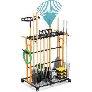 imageCCCEI Garage Organization with Wheels Outdoor Gargen Yard Shed Tools Organizer Cart Home Storage for Cleaning Supplies Broom Holder for Shovel and Rake Long Farming and Farming Tools RedOrange