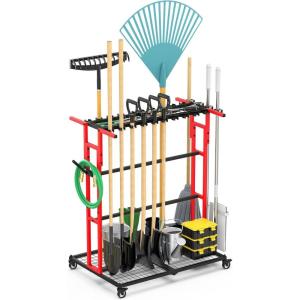 imageCCCEI Garage Organization with Wheels Outdoor Gargen Yard Shed Tools Organizer Cart Home Storage for Cleaning Supplies Broom Holder for Shovel and Rake Long Farming and Farming Tools RedRed