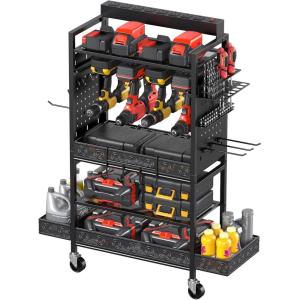 imageCCCEI Garage Power Tools Organizer Cart with Charging Station Black Floor Standing Rolling Drill and Tools Battery Storage Cart on Wheels Utility Rack Gift for Men Husband FatherBlack