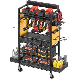 imageCCCEI Garage Power Tools Organizer Cart with Charging Station Black Floor Standing Rolling Drill and Tools Battery Storage Cart on Wheels Utility Rack Gift for Men Husband FatherYellow