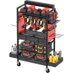 imageCCCEI Garage Power Tools Organizer Cart with Charging Station Black Floor Standing Rolling Drill and Tools Battery Storage Cart on Wheels Utility Rack Gift for Men Husband FatherRed