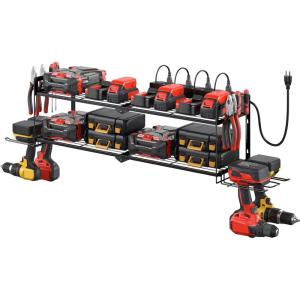 imageCCCEI Garage Tools Storage with Charging Station Power Tool Battery Organizer Utility Shelf with Power Strip 4 Drills Holder Wall Mount Rack BlackLarge