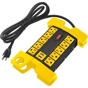 imageCCCEI Heavy Duty Power Strip with USB Ports Garage 10 Outlets Surge Protector 2700 Joules Industrial Workshop Metal 15Amp Multiple Outlets 6 FT Extension Cord and Wide Spaced GreyBlack