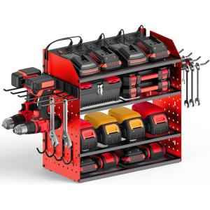 imageCCCEI Modular Desk Power Tools Organizer with Charging Station 4 Layer Drills Battery Storage Wall Mount Garage Shop Organization Anniversary Birthday Gifts for Men Father Yellow 6FT CordRed