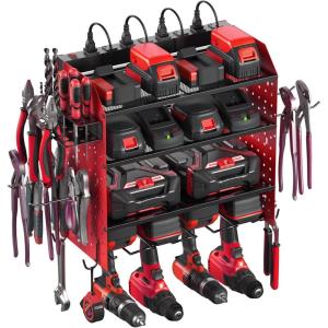 imageCCCEI Modular Pegboard Rack Power Tool Organizer with Charging Station 4 Layer Wall Mount Drill Holder Tools Battery Charger Organizer Garage Shop Storage Utility Shelf with 6FT Power Strip BlackRed