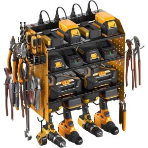 imageCCCEI Modular Pegboard Rack Power Tool Organizer with Charging Station 4 Layer Wall Mount Drill Holder Tools Battery Charger Organizer Garage Shop Storage Utility Shelf with 6FT Power Strip BlackYellow