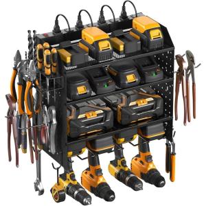 imageCCCEI Modular Pegboard Rack Power Tool Organizer with Charging Station 4 Layer Wall Mount Drill Holder Tools Battery Charger Organizer Garage Shop Storage Utility Shelf with 6FT Power Strip BlackBlack