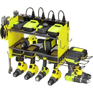 imageCCCEI Modular Power Tool Organizer Wall Mount Charging Station Black 6 Drills Holder with 8 Plug Power Strip Garage Drill Battery Heavy Duty Metal Shelf Utility Rack with Hooks Side StorageGreen