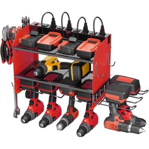 imageCCCEI Modular Power Tool Organizer Wall Mount Charging Station Black 6 Drills Holder with 8 Plug Power Strip Garage Drill Battery Heavy Duty Metal Shelf Utility Rack with Hooks Side StorageRed