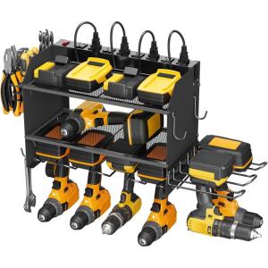 imageCCCEI Modular Power Tool Organizer Wall Mount Charging Station Black 6 Drills Holder with 8 Plug Power Strip Garage Drill Battery Heavy Duty Metal Shelf Utility Rack with Hooks Side StorageBlack