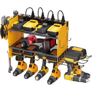 imageCCCEI Modular Power Tool Organizer Wall Mount Charging Station Black 6 Drills Holder with 8 Plug Power Strip Garage Drill Battery Heavy Duty Metal Shelf Utility Rack with Hooks Side StorageYellow
