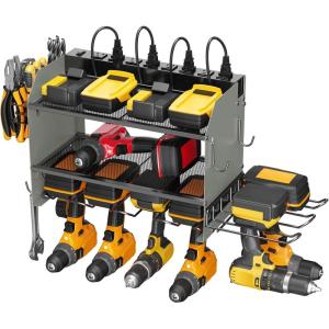 imageCCCEI Modular Power Tool Organizer Wall Mount Charging Station Black 6 Drills Holder with 8 Plug Power Strip Garage Drill Battery Heavy Duty Metal Shelf Utility Rack with Hooks Side StorageGrey