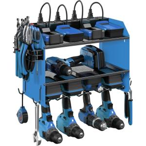 imageCCCEI Modular Power Tool Organizer Wall Mount with Charging Station Garage 4 Drill Storage Shelf with Hooks Screwdriver Drill Bit Heavy Duty Rack Tool Battery Holder Built in 8 Outlet Power StripEBlue