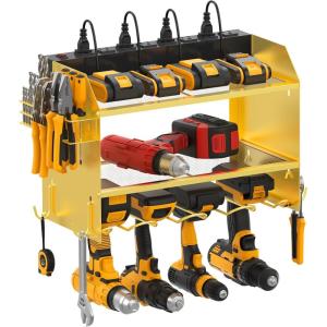 imageCCCEI Modular Power Tool Organizer Wall Mount with Charging Station Garage 4 Drill Storage Shelf with Hooks Screwdriver Drill Bit Heavy Duty Rack Tool Battery Holder Built in 8 Outlet Power StripHGold