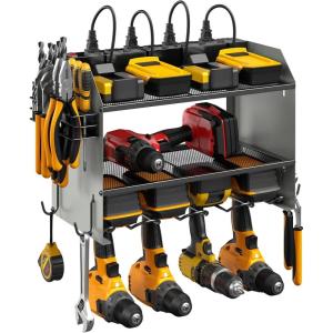imageCCCEI Modular Power Tool Organizer Wall Mount with Charging Station Garage 4 Drill Storage Shelf with Hooks Screwdriver Drill Bit Heavy Duty Rack Tool Battery Holder Built in 8 Outlet Power StripGGrey