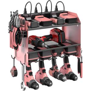 imageCCCEI Modular Power Tool Organizer Wall Mount with Charging Station Garage 4 Drill Storage Shelf with Hooks Screwdriver Drill Bit Heavy Duty Rack Tool Battery Holder Built in 8 Outlet Power StripKPink
