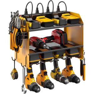 imageCCCEI Modular Power Tool Organizer Wall Mount with Charging Station Garage 4 Drill Storage Shelf with Hooks Screwdriver Drill Bit Heavy Duty Rack Tool Battery Holder Built in 8 Outlet Power StripBYellow