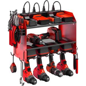 imageCCCEI Modular Power Tool Organizer Wall Mount with Charging Station Garage 4 Drill Storage Shelf with Hooks Screwdriver Drill Bit Heavy Duty Rack Tool Battery Holder Built in 8 Outlet Power StripARed
