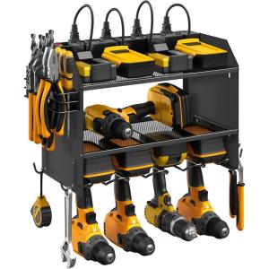 imageCCCEI Modular Power Tool Organizer Wall Mount with Charging Station Garage 4 Drill Storage Shelf with Hooks Screwdriver Drill Bit Heavy Duty Rack Tool Battery Holder Built in 8 Outlet Power StripCBlack