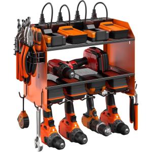 imageCCCEI Modular Power Tool Organizer Wall Mount with Charging Station Garage 4 Drill Storage Shelf with Hooks Screwdriver Drill Bit Heavy Duty Rack Tool Battery Holder Built in 8 Outlet Power StripFOrange