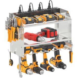 imageCCCEI Modular Power Tool Organizer Wall Mount with Charging Station Garage 4 Drill Storage Shelf with Hooks Screwdriver Drill Bit Heavy Duty Rack Tool Battery Holder Built in 8 Outlet Power StripISilver