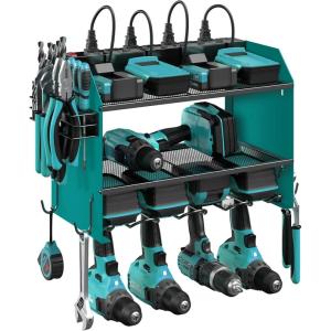 imageCCCEI Modular Power Tool Organizer Wall Mount with Charging Station Garage 4 Drill Storage Shelf with Hooks Screwdriver Drill Bit Heavy Duty Rack Tool Battery Holder Built in 8 Outlet Power StripJNavy Blue