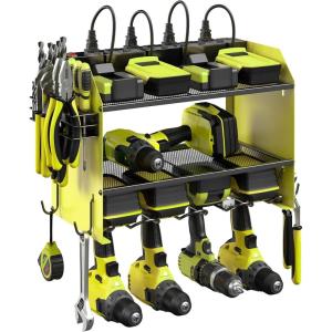imageCCCEI Modular Power Tool Organizer Wall Mount with Charging Station Garage 4 Drill Storage Shelf with Hooks Screwdriver Drill Bit Heavy Duty Rack Tool Battery Holder Built in 8 Outlet Power StripDGreen