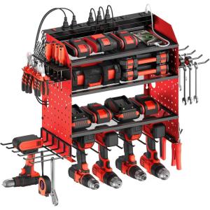 imageCCCEI Modular Power Tools Organizer with USB Charging Station 4 Layer Drills and Battery Storage Wall Mount Garage Shop Organization Anniversary Birthday Gifts for Men Father 6FT Cord BlackRed